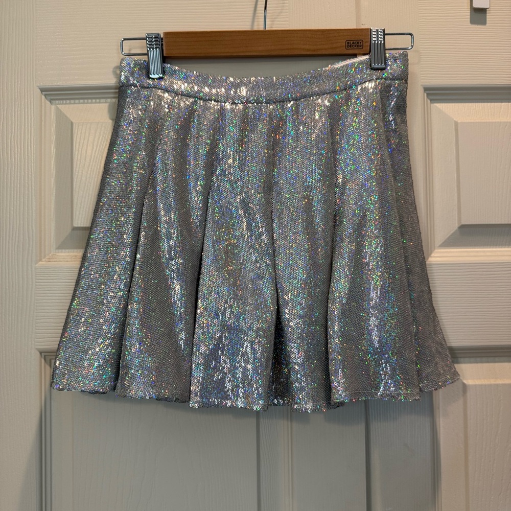 QUEEN OF SPARKLES Silver Sequin Mini Skater Skirt